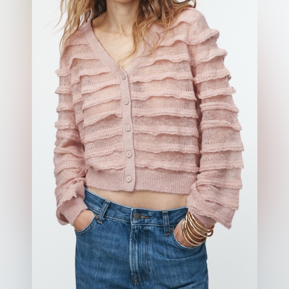 Zara pink ruffle V-neck cardigan wool alpaca blend size small EUC